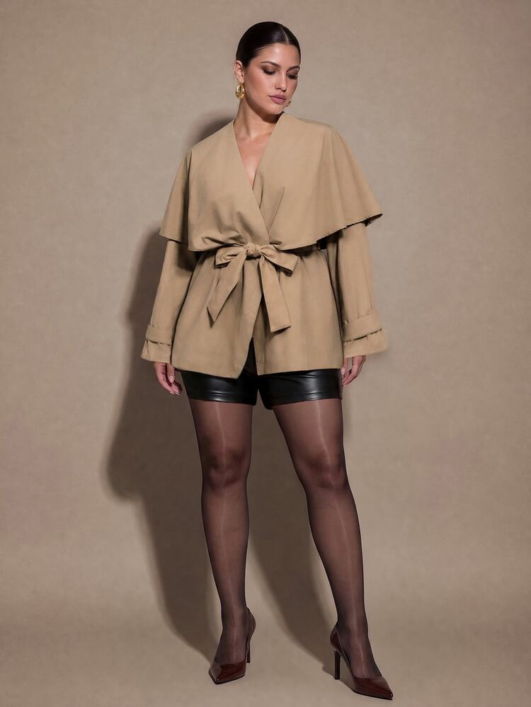 SHEIN BAE CURVE 大尺碼女款純色V領休閒俐落優雅百搭風衣外套 秋季辦公商務雞尾酒會綠色 - 卡其色 - 查看 8
