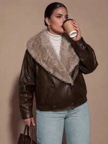 SHEIN BAE CURVE Plus Size Women's Coffee Brown PU & Faux Fur Patchwork Boxy Waist-Cinching Jacket Winter - Chocolate Brown - View 8