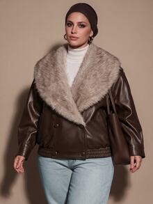 SHEIN BAE CURVE Plus Size Women's Coffee Brown PU & Faux Fur Patchwork Boxy Waist-Cinching Jacket Winter - Chocolate Brown - View 9