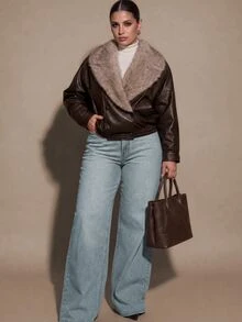SHEIN BAE CURVE Plus Size Women's Coffee Brown PU & Faux Fur Patchwork Boxy Waist-Cinching Jacket Winter - Chocolate Brown - View 4