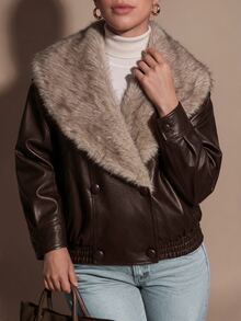 SHEIN BAE CURVE Plus Size Women's Coffee Brown PU & Faux Fur Patchwork Boxy Waist-Cinching Jacket Winter - Chocolate Brown - View 2