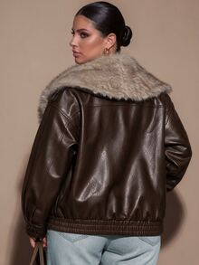 SHEIN BAE CURVE Plus Size Women's Coffee Brown PU & Faux Fur Patchwork Boxy Waist-Cinching Jacket Winter - Chocolate Brown - View 3