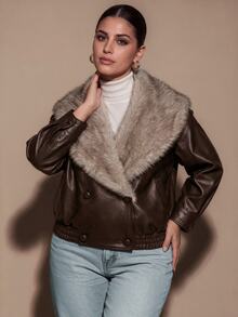 SHEIN BAE CURVE Plus Size Women's Coffee Brown PU & Faux Fur Patchwork Boxy Waist-Cinching Jacket Winter - Chocolate Brown - View 5