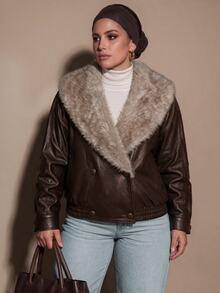 SHEIN BAE CURVE Plus Size Women's Coffee Brown PU & Faux Fur Patchwork Boxy Waist-Cinching Jacket Winter - Chocolate Brown - View 7