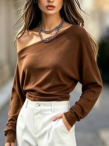 SHEIN Solid Asymmetrical Neck Batwing Sleeve Tee - Brown - View 4