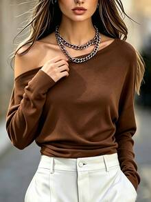 SHEIN Solid Asymmetrical Neck Batwing Sleeve Tee - Brown - View 3