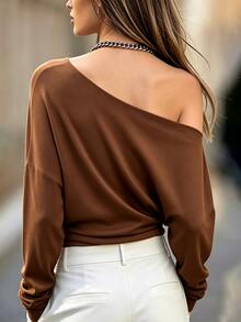 SHEIN Solid Asymmetrical Neck Batwing Sleeve Tee - Brown - View 2