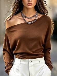 SHEIN Solid Asymmetrical Neck Batwing Sleeve Tee - Brown - View 1