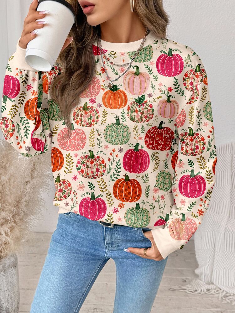 SHEIN LUNE Women's Halloween Pumpkin Pattern Long Sleeve Crew Neck Pullover Sweatshirt, Autumn/Winter Daytime Holiday Vacation Beige Casual Cute - White - View 4