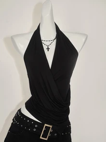 SHEIN ICON Asymmetrical Hem Draped Neck Cowl Tank Top For Women Halloween Night Black Summer Sexy Gothic Grunge - Black - View 5