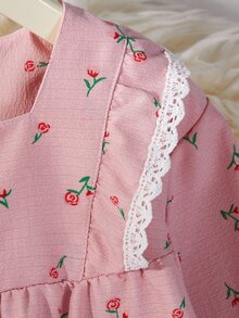 Sweet Court Style Pink Floral Combination Print Creates A Gentle And Bright Visual Effect, Square Neckline Autumn/Winter Pajamas - Baby Pink - View 7