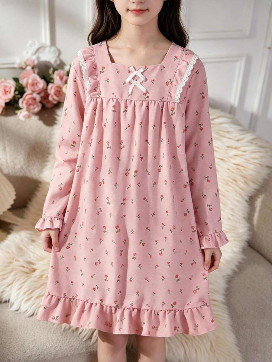 Sweet Court Style Pink Floral Combination Print Creates A Gentle And Bright Visual Effect, Square Neckline Autumn/Winter Pajamas - Baby Pink - View 1