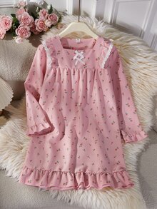 Sweet Court Style Pink Floral Combination Print Creates A Gentle And Bright Visual Effect, Square Neckline Autumn/Winter Pajamas - Baby Pink - View 4