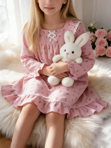 Sweet Court Style Pink Floral Combination Print Creates A Gentle And Bright Visual Effect, Square Neckline Autumn/Winter Pajamas - Baby Pink - View 3