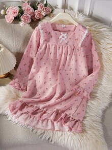 Sweet Court Style Pink Floral Combination Print Creates A Gentle And Bright Visual Effect, Square Neckline Autumn/Winter Pajamas - Baby Pink - View 5