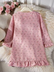 Sweet Court Style Pink Floral Combination Print Creates A Gentle And Bright Visual Effect, Square Neckline Autumn/Winter Pajamas - Baby Pink - View 2