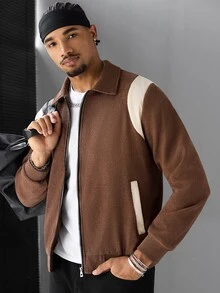SLATEMANN Men's Corduroy Patchwork Zipper Pocket Jacket Streetwear - Navy Blue - View 3
