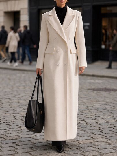 CLARA VERO Biela šitá maxi kabát s dvojradovými gombíkmi, slim fit, ideálny na elegantné zimné podujatia alebo formálne mestské vzhlady, široký špicatý golier, dvojradové zapínanie vpredu, maxi dĺžka, bočné vrecká, mäkká vlno-syntetická tkanina