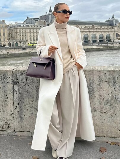 CLARA VERO Manteau maxi blanc à double boutonnage, coupe ajustée, parfait pour les événements d'hiver élégants ou les looks de ville formels, col à revers large, devant à double boutonnage, longueur maxi, poches latérales, tissu en mélange de laine doux