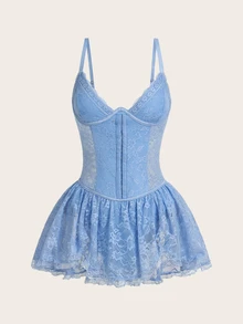 SHEIN ICON Lace Patchwork Triangle Cup Metal Buckle Decor Lace Fishtail Hem Dress - Baby Blue - View 3