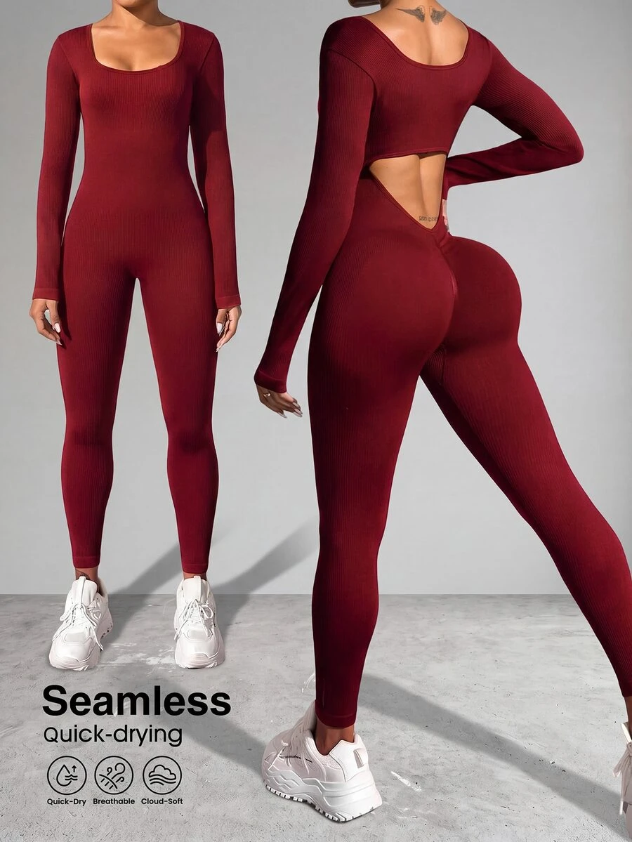 Slayform Slayform Jumpsuit Wanita Warna Polos Kasual Olahraga Tanpa Punggung Lengan Panjang - Merah - View 1