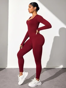 Slayform Slayform Jumpsuit Wanita Warna Polos Kasual Olahraga Tanpa Punggung Lengan Panjang - Merah - View 6