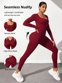 Slayform Slayform Jumpsuit Wanita Warna Polos Kasual Olahraga Tanpa Punggung Lengan Panjang - Merah - View 2