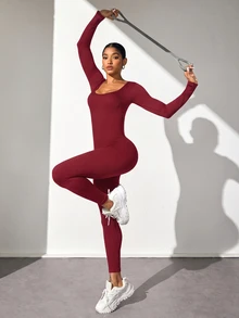 Slayform Slayform Jumpsuit Wanita Warna Polos Kasual Olahraga Tanpa Punggung Lengan Panjang - Merah - View 7