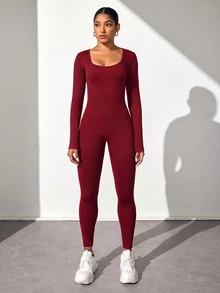 Slayform Slayform Jumpsuit Wanita Warna Polos Kasual Olahraga Tanpa Punggung Lengan Panjang - Merah - View 5