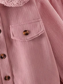 Girls (Small) Autumn/Winter Pink Jacket + Jogger Pants Fleece Lined Thickened 2 Pieces Set, Casual Daily Winter Thickened Outfit, Vintage Artistic Light Workwear Sweet Style - Pink - View 10