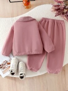 Girls (Small) Autumn/Winter Pink Jacket + Jogger Pants Fleece Lined Thickened 2 Pieces Set, Casual Daily Winter Thickened Outfit, Vintage Artistic Light Workwear Sweet Style - Pink - View 2