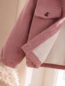 Girls (Small) Autumn/Winter Pink Jacket + Jogger Pants Fleece Lined Thickened 2 Pieces Set, Casual Daily Winter Thickened Outfit, Vintage Artistic Light Workwear Sweet Style - Pink - View 11