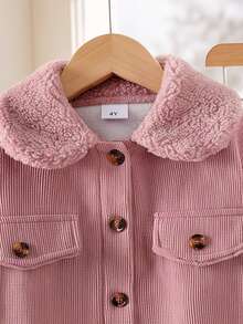 Girls (Small) Autumn/Winter Pink Jacket + Jogger Pants Fleece Lined Thickened 2 Pieces Set, Casual Daily Winter Thickened Outfit, Vintage Artistic Light Workwear Sweet Style - Pink - View 9