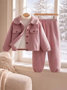 Girls (Small) Autumn/Winter Pink Jacket + Jogger Pants Fleece Lined Thickened 2 Pieces Set, Casual Daily Winter Thickened Outfit, Vintage Artistic Light Workwear Sweet Style - Pink - View 3