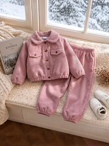 Girls (Small) Autumn/Winter Pink Jacket + Jogger Pants Fleece Lined Thickened 2 Pieces Set, Casual Daily Winter Thickened Outfit, Vintage Artistic Light Workwear Sweet Style - Pink - View 5