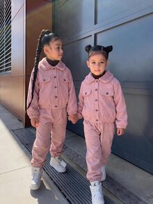 Girls (Small) Autumn/Winter Pink Jacket + Jogger Pants Fleece Lined Thickened 2 Pieces Set, Casual Daily Winter Thickened Outfit, Vintage Artistic Light Workwear Sweet Style - Pink - View 1