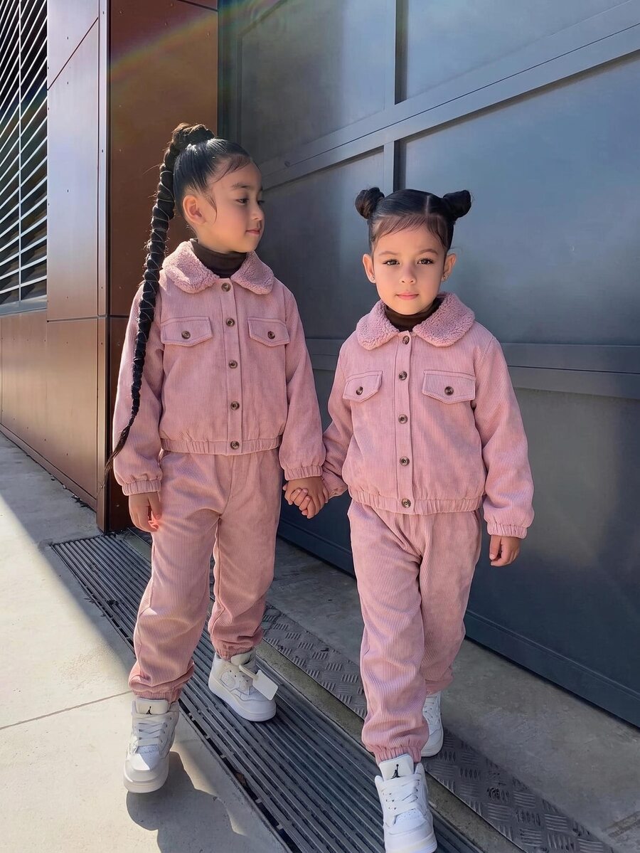 Girls (Small) Autumn/Winter Pink Jacket + Jogger Pants Fleece Lined Thickened 2 Pieces Set, Casual Daily Winter Thickened Outfit, Vintage Artistic Light Workwear Sweet Style - Pink - View 1