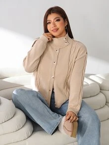Solflare Plus Size Women's Casual Long Sleeve Khaki Cardigan, Autumn/Winter - Khaki - View 6