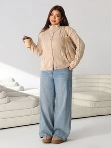 Solflare Plus Size Women's Casual Long Sleeve Khaki Cardigan, Autumn/Winter - Khaki - View 4