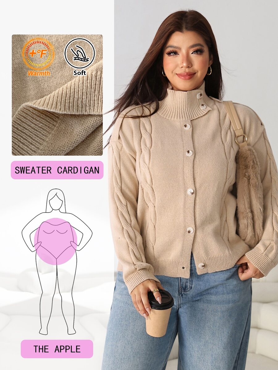 Solflare Plus Size Women's Casual Long Sleeve Khaki Cardigan, Autumn/Winter - Khaki - View 1