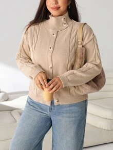 Solflare Plus Size Women's Casual Long Sleeve Khaki Cardigan, Autumn/Winter - Khaki - View 3