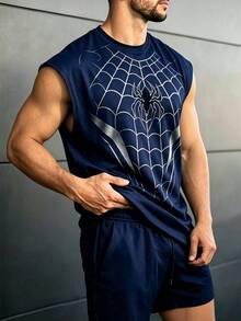 GymBeat Reflective Line Minimalist Print Fitness Sleeveless Tank Top Men's Sports Muscle Training Running Loose Fit T-Shirt, Gym,Feel,Sporty Style - Blue - View 3