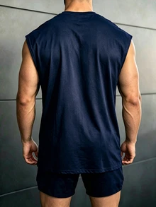 GymBeat Reflective Line Minimalist Print Fitness Sleeveless Tank Top Men's Sports Muscle Training Running Loose Fit T-Shirt, Gym,Feel,Sporty Style - Blue - View 2