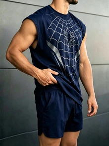 GymBeat Reflective Line Minimalist Print Fitness Sleeveless Tank Top Men's Sports Muscle Training Running Loose Fit T-Shirt, Gym,Feel,Sporty Style - Blue - View 5