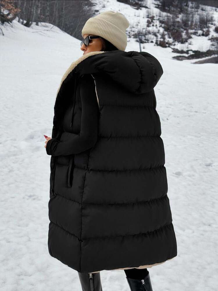 SHEIN Clasi Two-Tone Reversible Padded Zipper Front Pockets Drawstring Hood Vest Jacket - Black - View 2