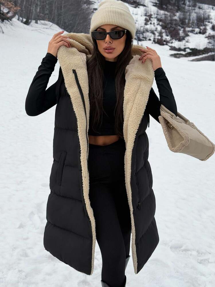SHEIN Clasi Two-Tone Reversible Padded Zipper Front Pockets Drawstring Hood Vest Jacket - Black - View 4