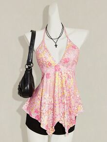 SHEIN ICON Ditsy Floral Backless Halter Neck Top Night Out Vacation Pink Floral Summer Cute Y2k - Pink - View 10