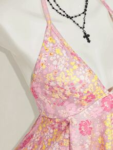 SHEIN ICON Ditsy Floral Backless Halter Neck Top Night Out Vacation Pink Floral Summer Cute Y2k - Pink - View 8