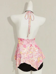 SHEIN ICON Ditsy Floral Backless Halter Neck Top Night Out Vacation Pink Floral Summer Cute Y2k - Pink - View 2