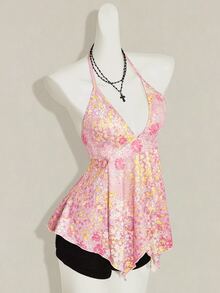 SHEIN ICON Ditsy Floral Backless Halter Neck Top Night Out Vacation Pink Floral Summer Cute Y2k - Pink - View 6